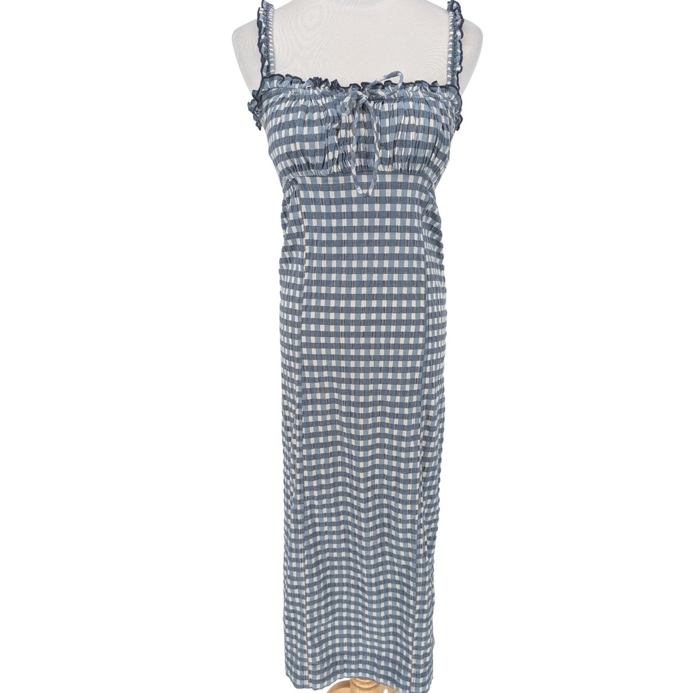 Free People Lucinda Gingham Corset Midi Dress M Blue White Smocked Cottage Boho - Picture 2 of 16